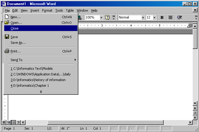 Exiting MS Word 2000 from the Menu Bar.  Select File from the  Menu Bar, then Close