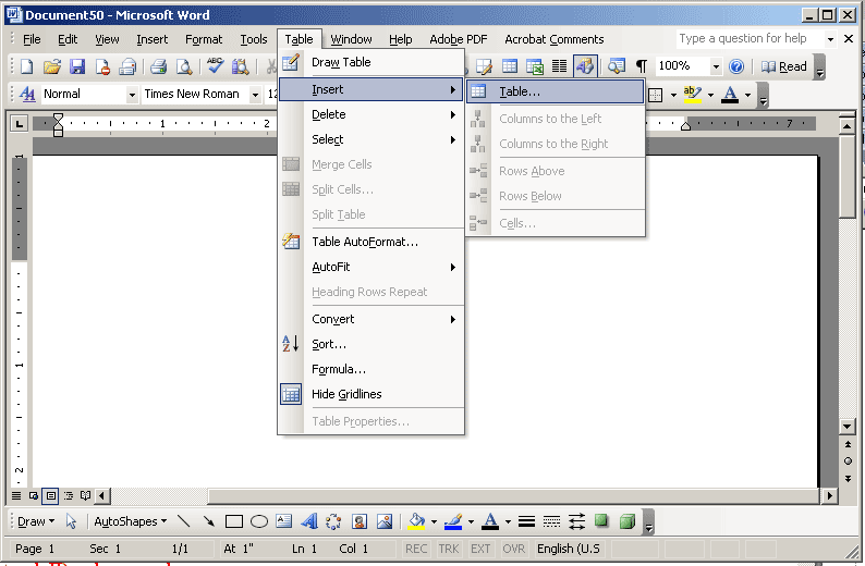 Inserting a table in Word