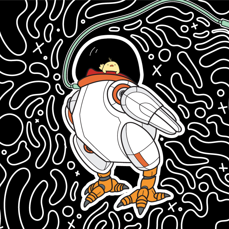Cartoon artwork of a small chicken sitting inside the helmet of a robot space suit