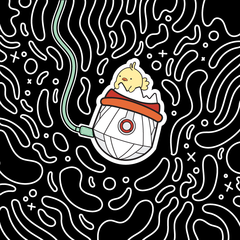 A cartoon artwork image of a small chicken sitting on top of a space pod shaped liked a cracked and open egg